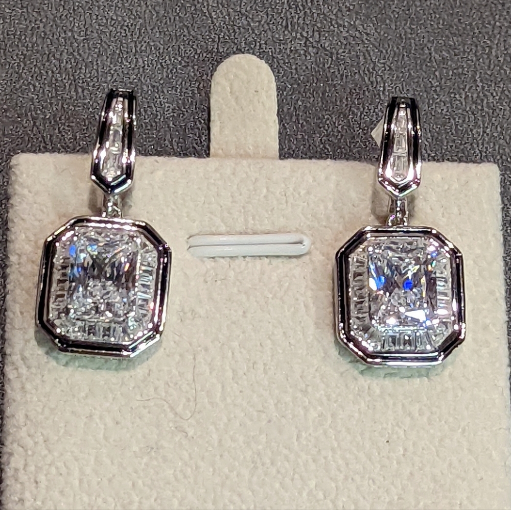 Radiant cut CZ with baguette halo, latch-back drop earrings.